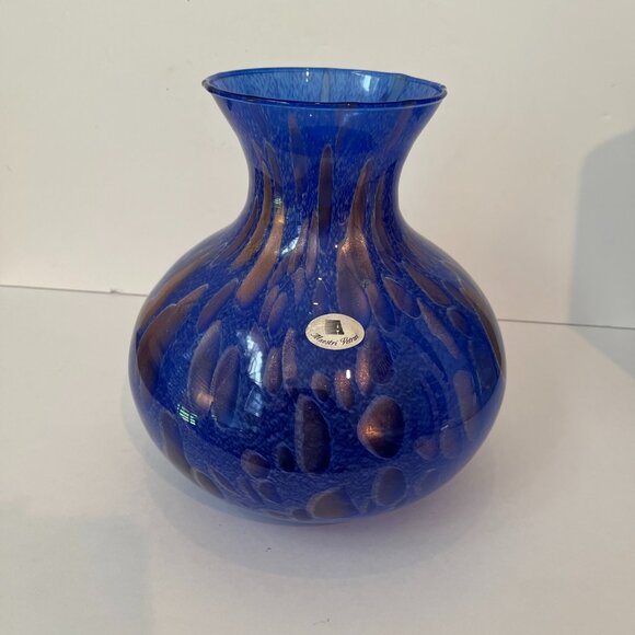 Maestri Vetrai Blown Glass Vase Made In Murano Italy Deep Blue Speckled Copper - Picture 2 of 15